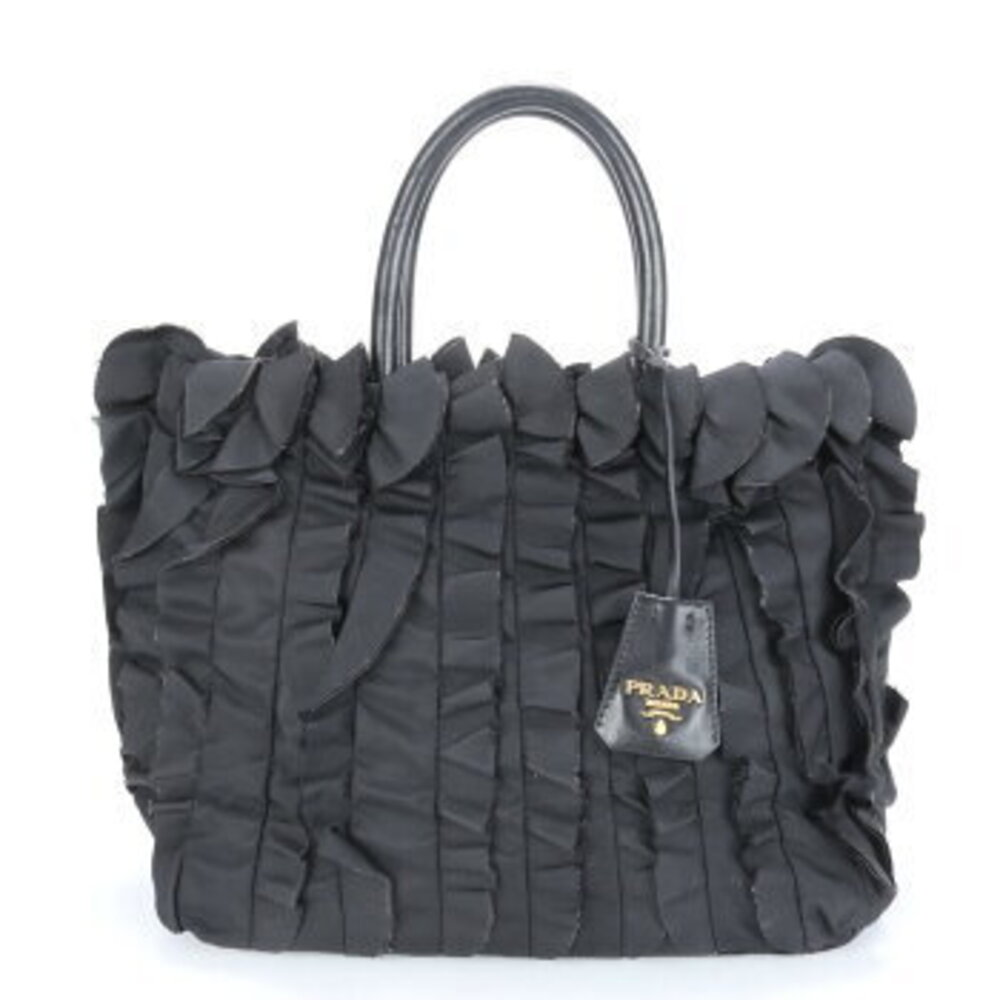 Prada Tessuto nylon ruffle leather tote bag shoulder black